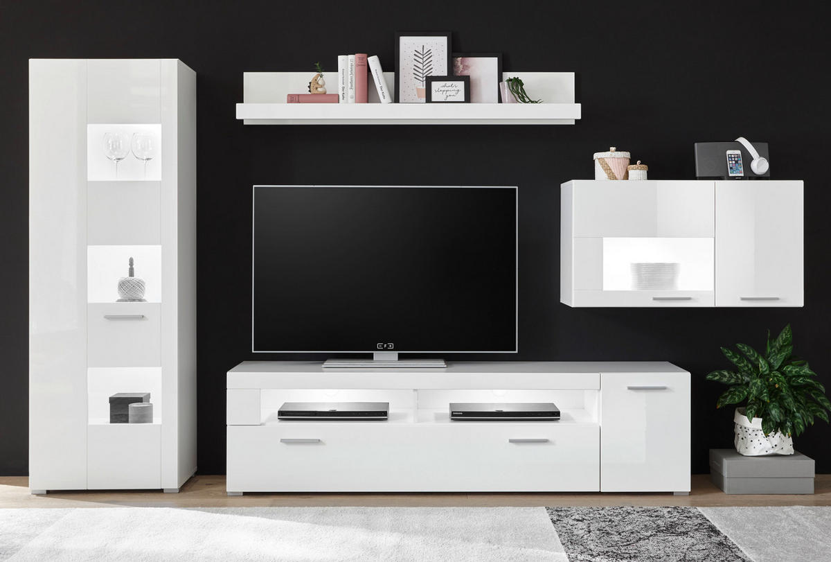 TV-LOWBOARD weiß Hochglanz 180 x 48 cm, TV Unterteil mit 5 Fächern - Chromfarben/Weiß Hochglanz, Holzwerkstoff/Kunststoff (180/48/40cm) - Furn.Design