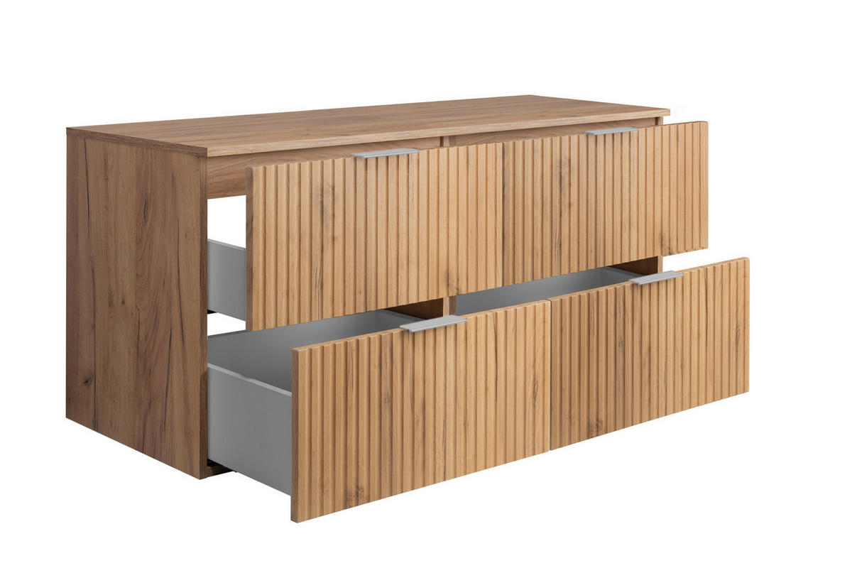 WASCHBECKUNTERSCHRANK, Eiche Craft, 120 (2 x 60) x 57 x 46 cm, silberner Griff + Arbeitsplatte - Eichefarben/Silberfarben, Holzwerkstoff (120/57/46cm) - 3XE LIVING