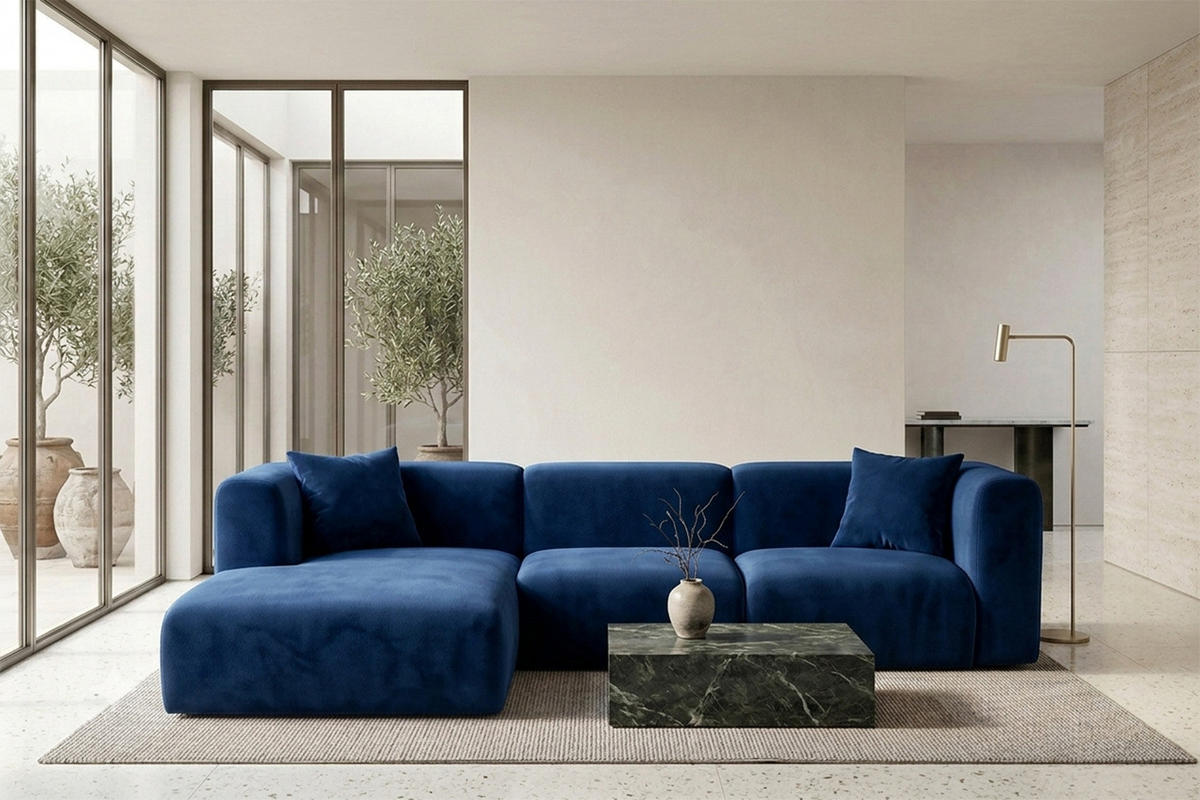 ECKSOFA L-Form, Velvet-Stoff Bluvel, Tintenblau, Links, GRETA - Blau, Holz (318/179cm) - Kaiser Möbel