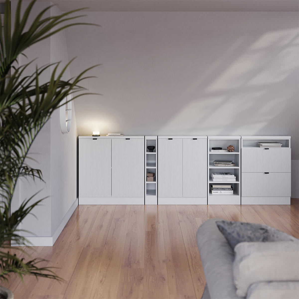 DACHSCHRÄGENSCHRANK-SET Rion Weiß Riffel 140 cm 2er Set - Weiß, Holzwerkstoff (140/81.6/46cm) - Vicco