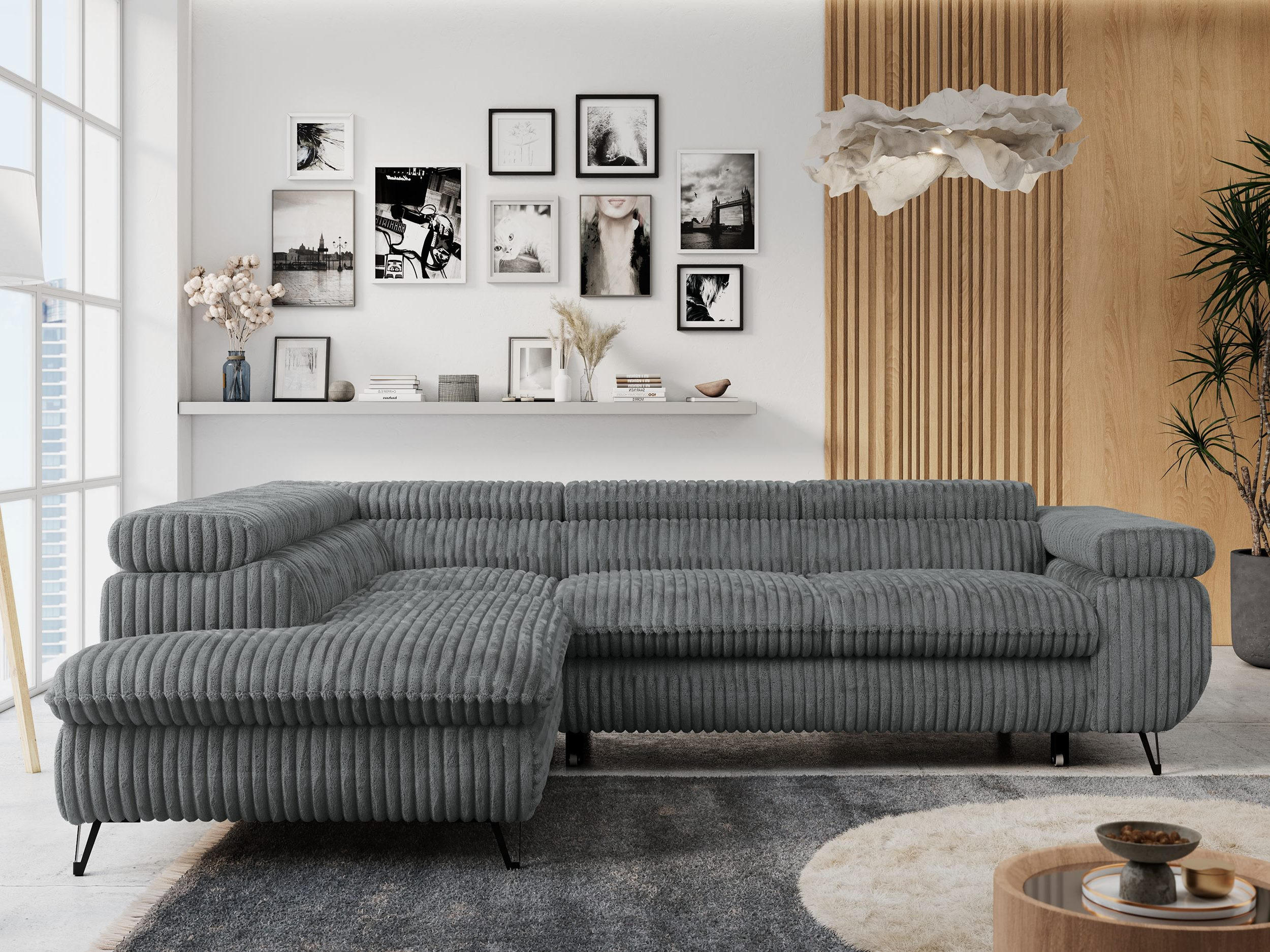 ECKSOFA PETER L Dunkelgrau Cord - Links Seite - Dunkelgrau/Schwarz, Textil/Metall (208/273cm) - MKS