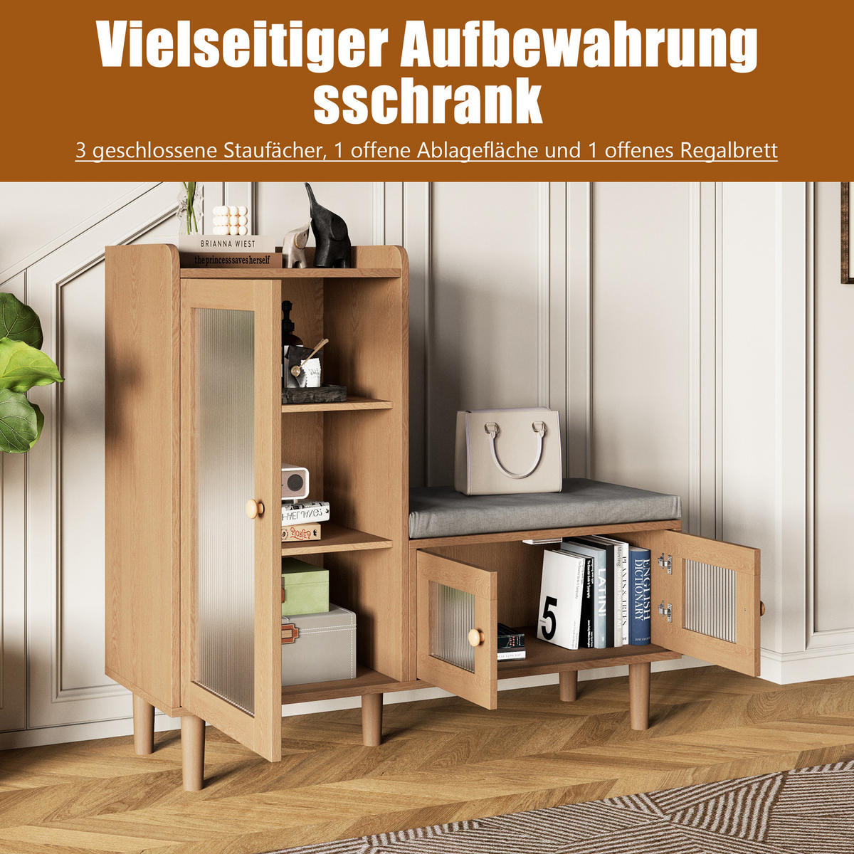 SCHUHSCHRANK mit Sitzbank, 3 Türen, verstellbare Einlegeböden, 100 x 35 x 90 cm, Hellbraun - Hellbraun, Holz/Metall (35/90/100cm) - GENKI LIVING