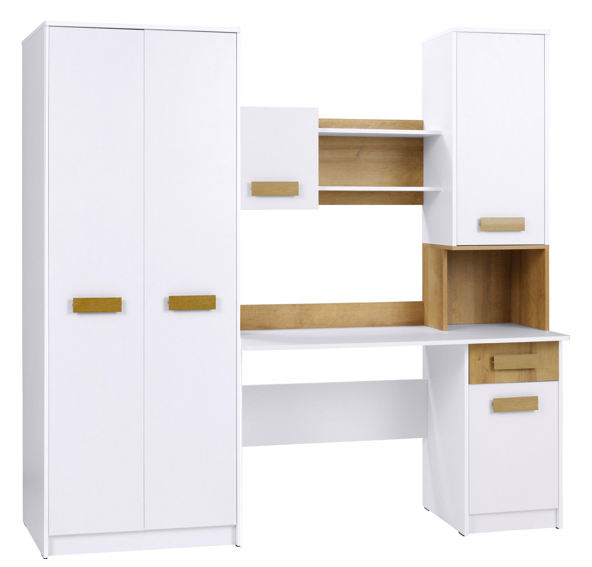 KLEIDERSCHRANK SCHREIBTISCH GRANT MINI WEIß+RIVIERA EICHE 200/195/54 - Weiß, Holzwerkstoff (200/195/54cm) - Marmex Möbel