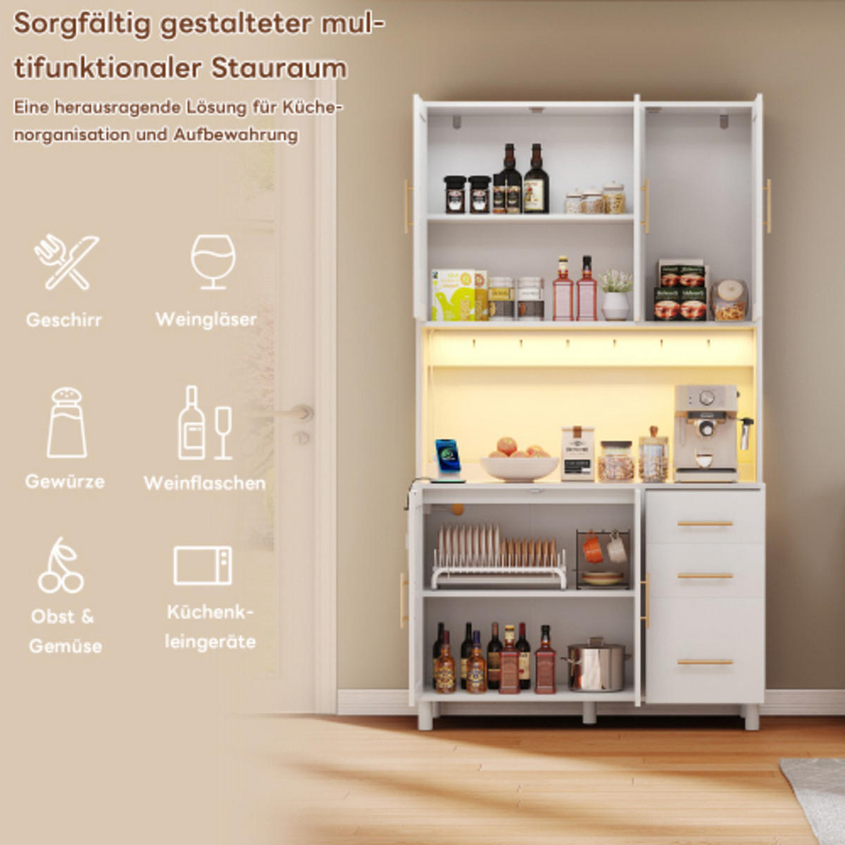KÜCHENSCHRANK Weiß aus MDF mit Rattanfront, LED-Beleuchtung und integrierten Steckdosen 100×40×183 cm - Weiß, Holzwerkstoff (100/183/40cm) - Luhomfu