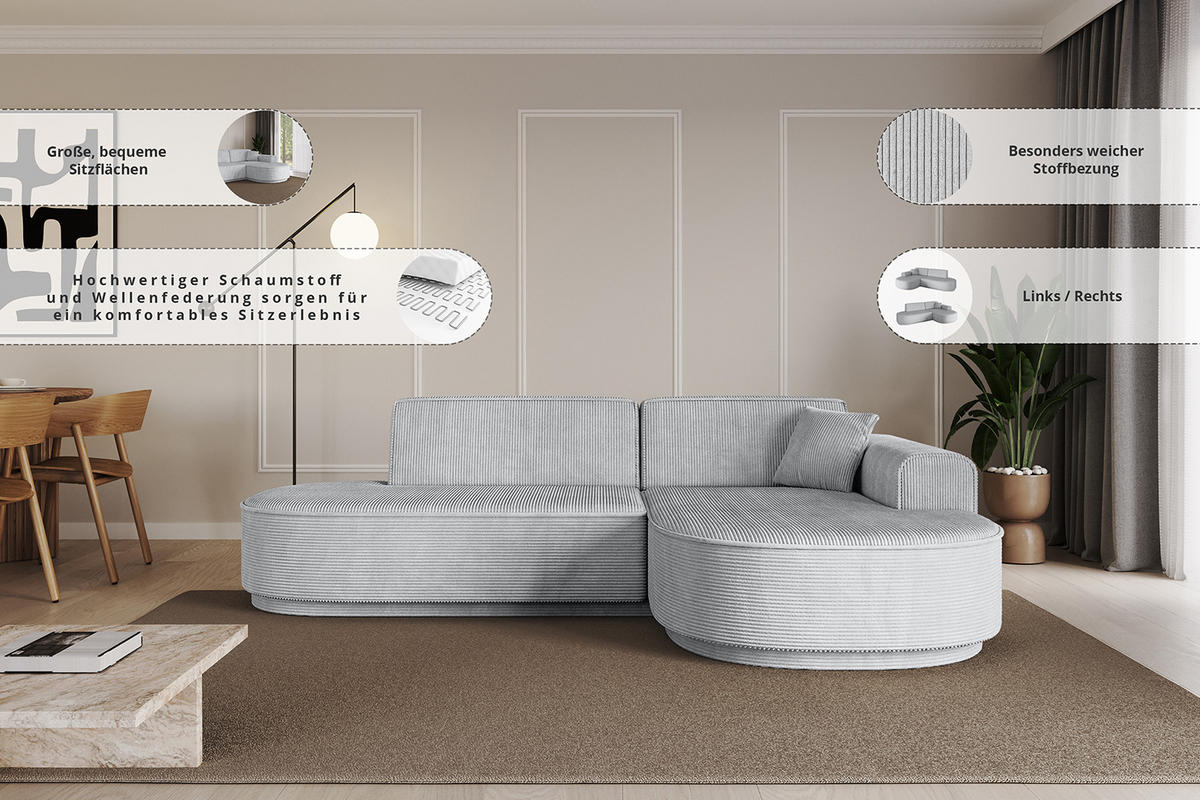 ECKSOFA Ottomane Rechts MARI-L1 - 232x163x81 cm Dunkelgrau Cord - Dunkelgrau/Schwarz, Holzwerkstoff/Kunststoff (234/163cm) - ALTDECOR