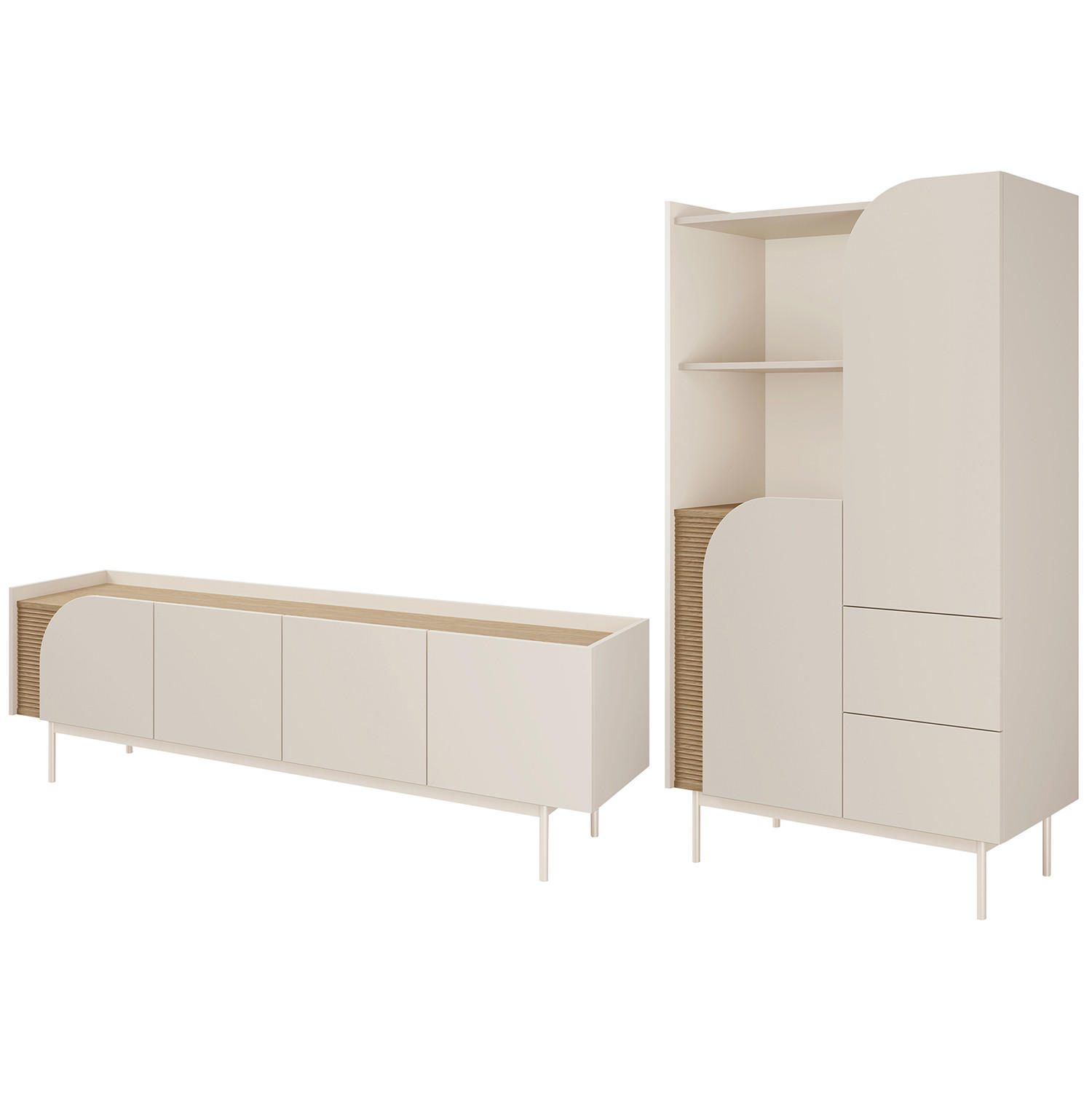Beautysofa OBÝVACÍ STĚNA Camel, TV stolek 172 cm + regál na knihy 90 cm, rýhovaný detail, jarní dub + Macadamia