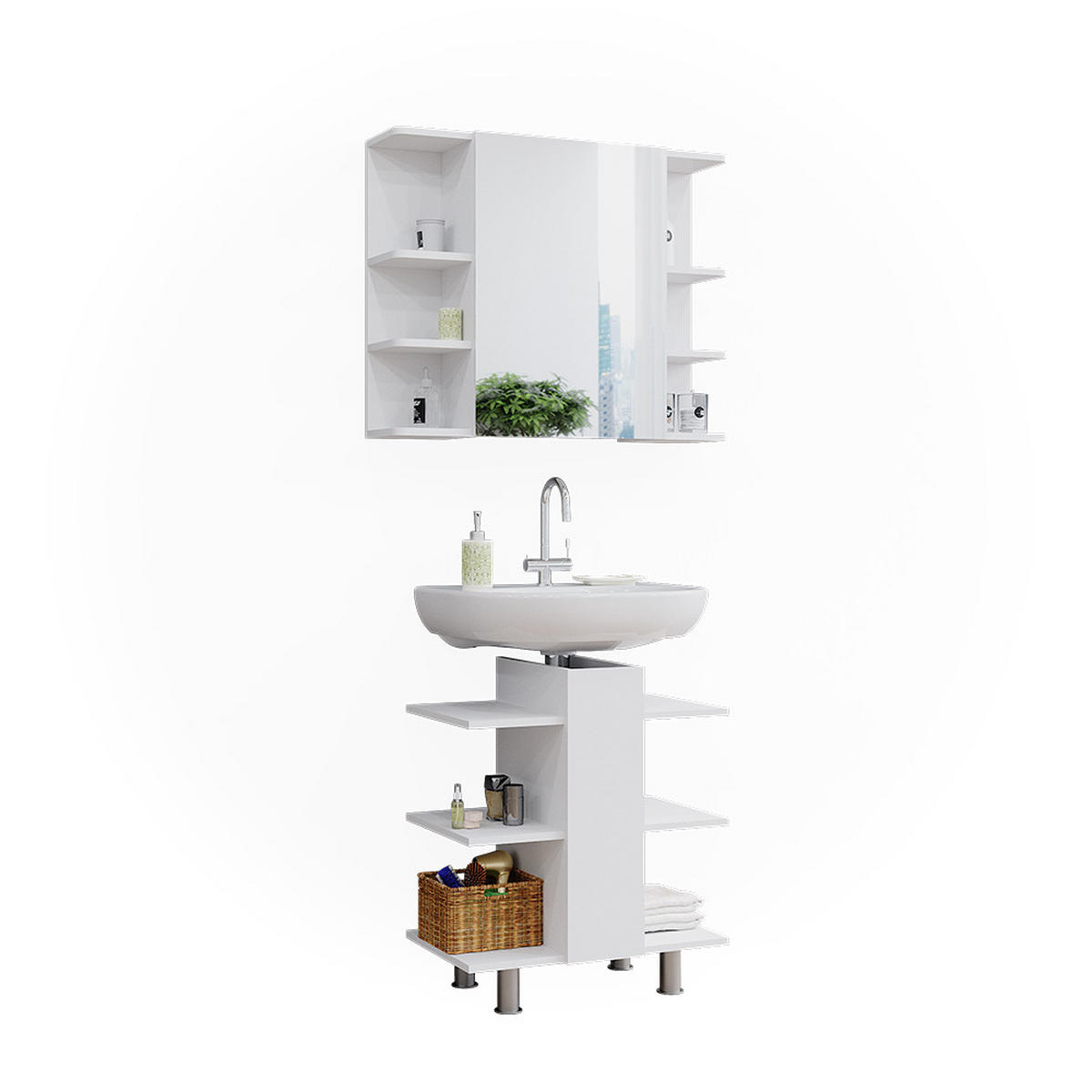 BADMÖBEL-SET Fynn Weiß 2 Teile Waschbeckenunterschrank und Bad Spiegelschrank - Weiß, Holzwerkstoff (79.6/64/36.6cm) - Vicco