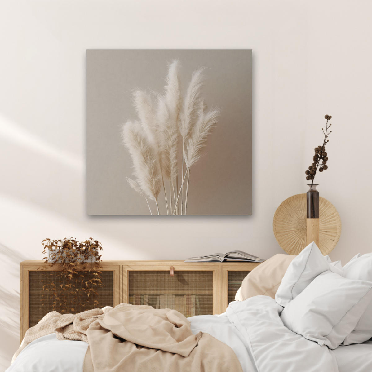 AKUSTIKBILD Pampasgras - Federn - Pastell - Weiß Akustikpaneele 80x80 cm - Naturfarben, Kunststoff (80/80/0.9cm) - MuchoWow