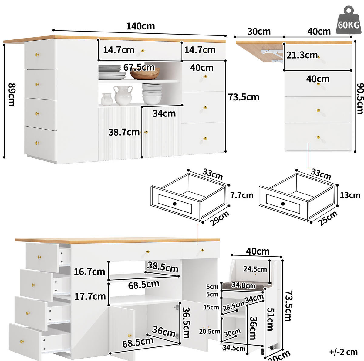 KÜCHENINSEL aus MDF mit Stauraum & Hocker, 140/40(70)/89 cm, Weiß - Weiß, Holzwerkstoff (40/89/140cm) - Redom