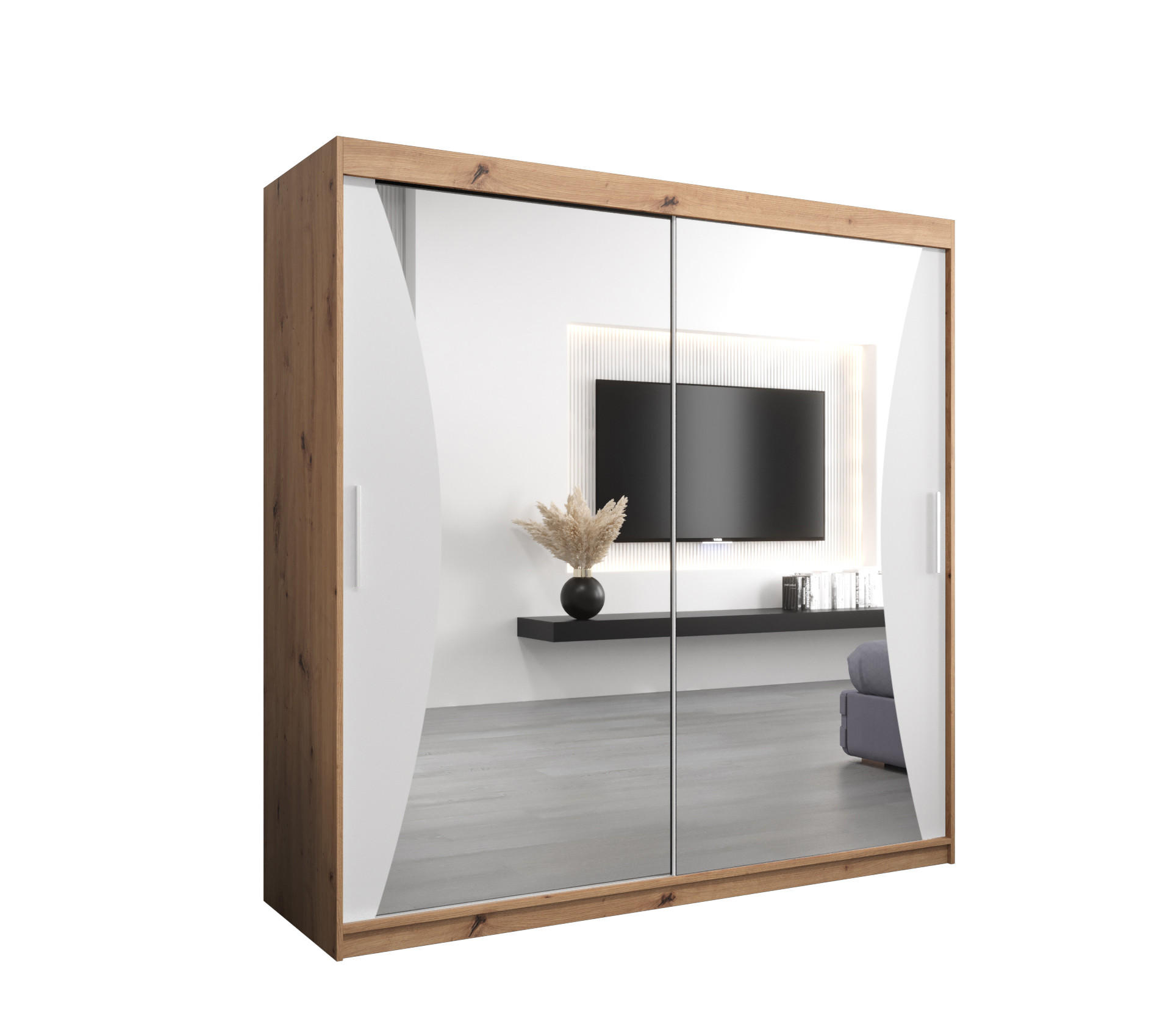 Abiks Möbel SCHWEBETÜRENSCHRANK Eiche Artisan, Weiß 200cm × 62cm × 200cm