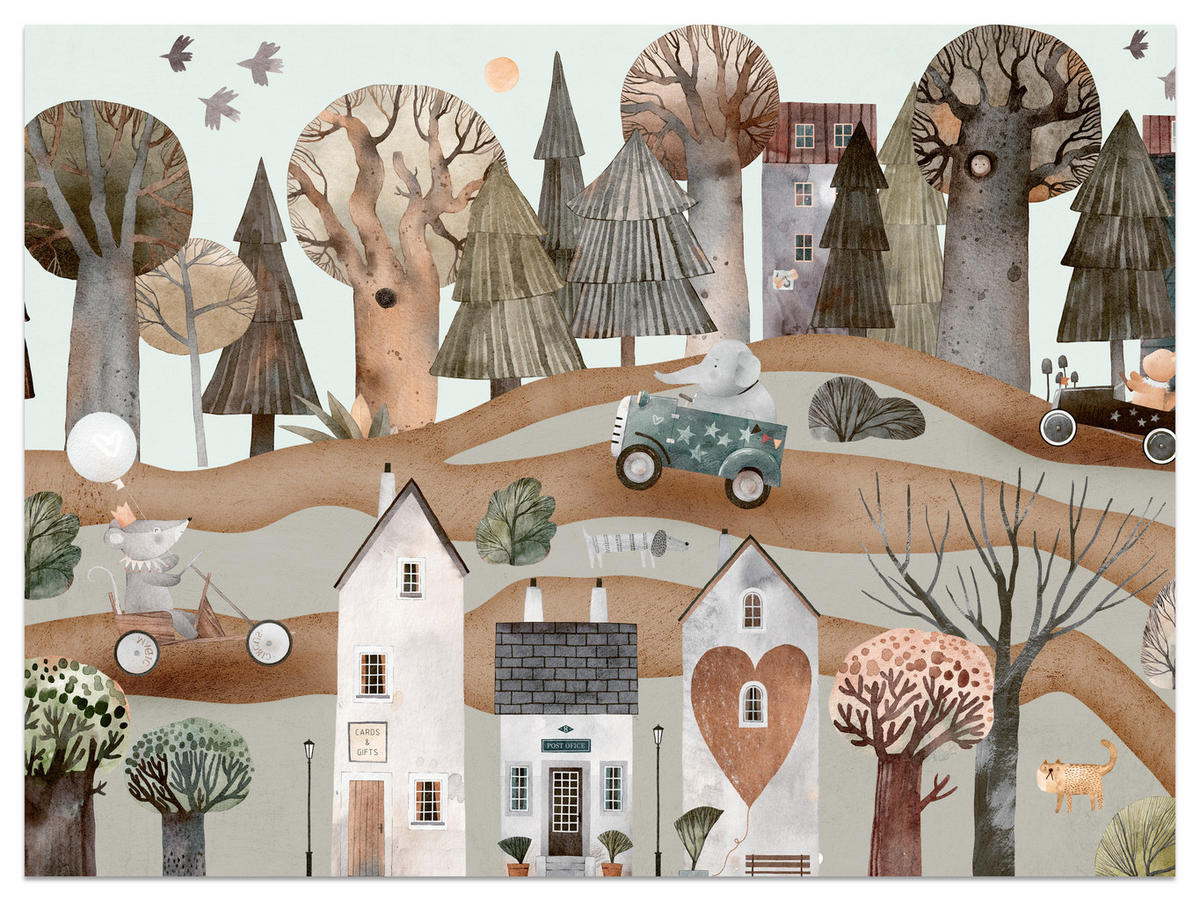 FOTOTAPETE für Kinderzimmer Fantastische Stadt Häuser Wald Tiere Autos 250x175 - Beige/Braun, Papier (250/175cm) - Muralo