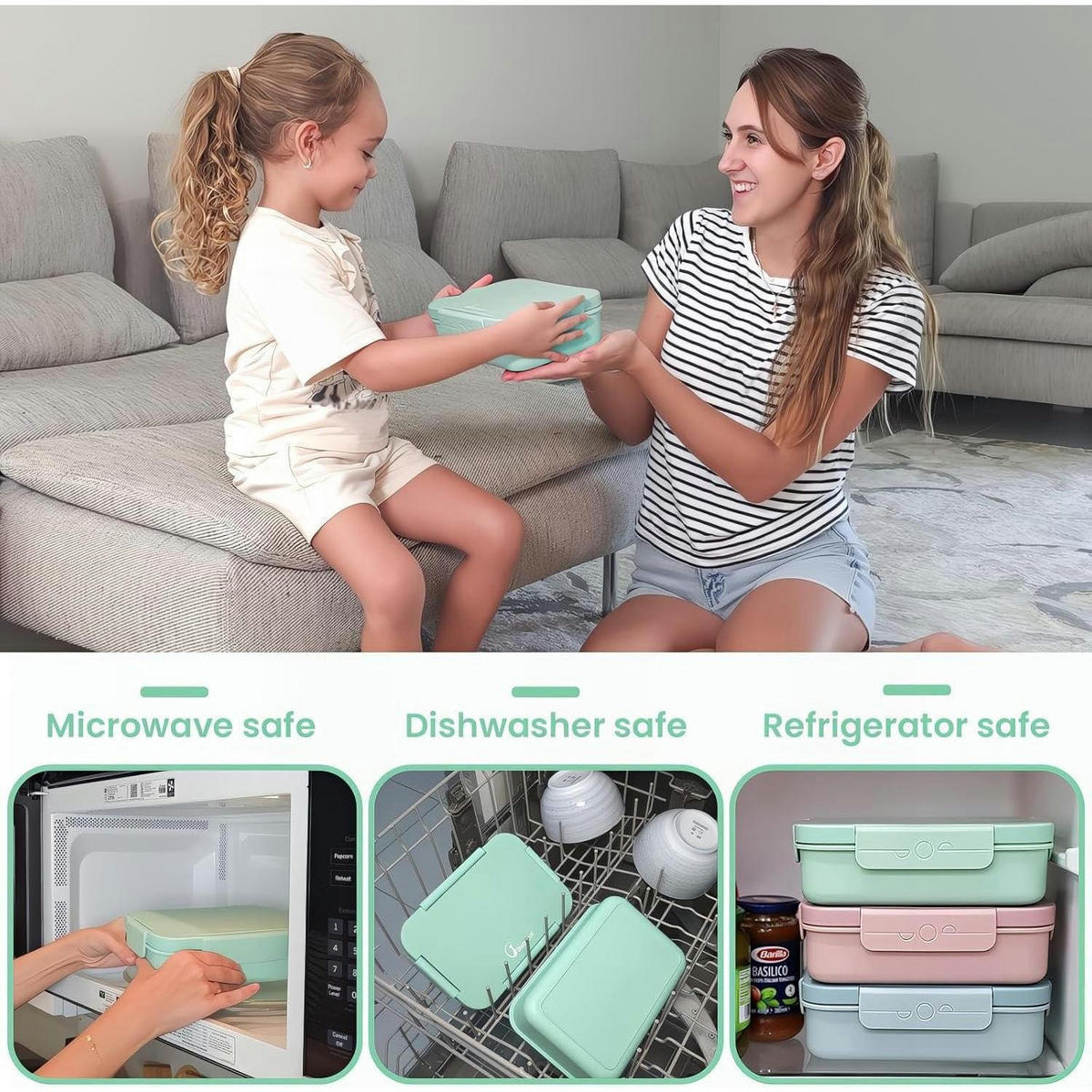 LUNCHBOX 2er Set 4 Abteilungen 1300 ML Rosa Grün - Multicolor, Kunststoff (15/5.5/22cm)