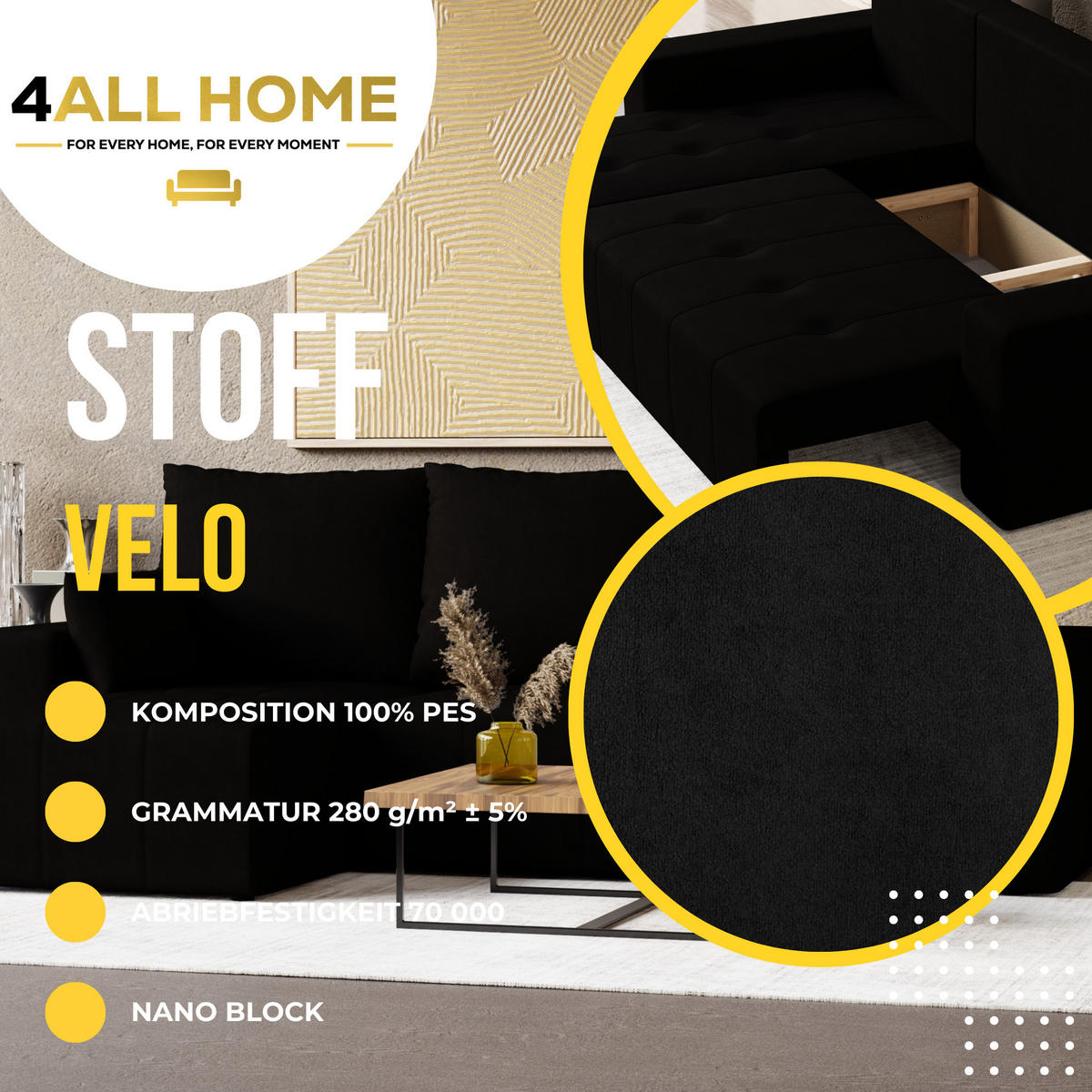 ECKSOFA Tico mit Bettkasten und Schlaffunktion, L-Form/XL-Form, Velourstoff, Universal - Schwarz, Holzwerkstoff (246/145cm) - 4ALL HOME