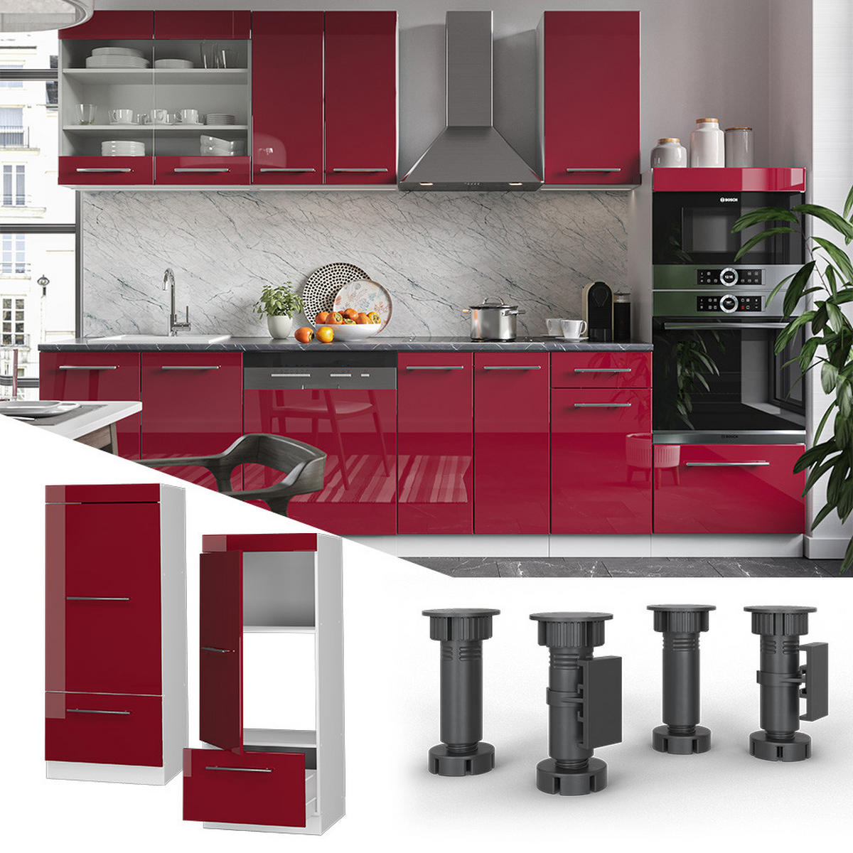 MIKROWELLENSCHRANK Fame-Line Bordeaux Hochglanz 60 cm - Bordeaux/Weiß, Holzwerkstoff (60/153.6/58.1cm) - Vicco