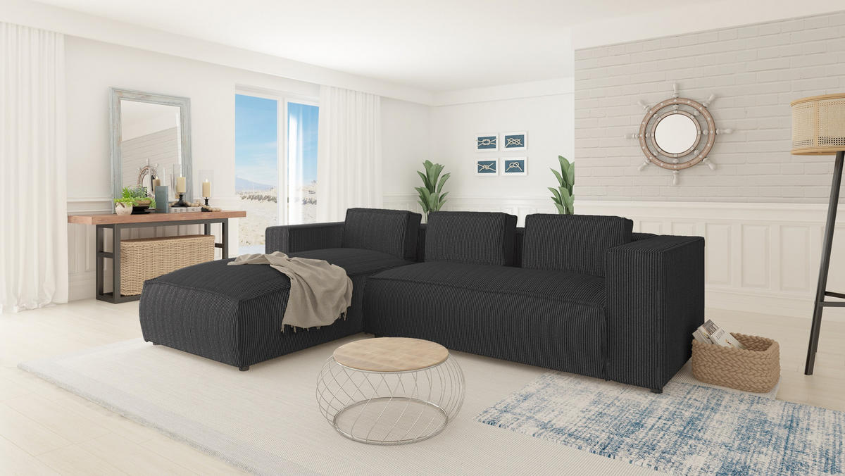 ECKSOFA Nova Grau Cord - Schwarz/Grau, Holz/Kunststoff (262/176cm) - S-Style Möbel