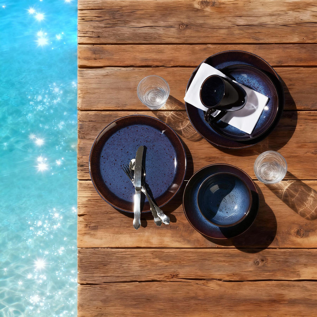 KOMBISERVICE Mare, ineinander stapelbar, blau/braun - Blau, Keramik (26.5/2.5/26.5cm) - tectake