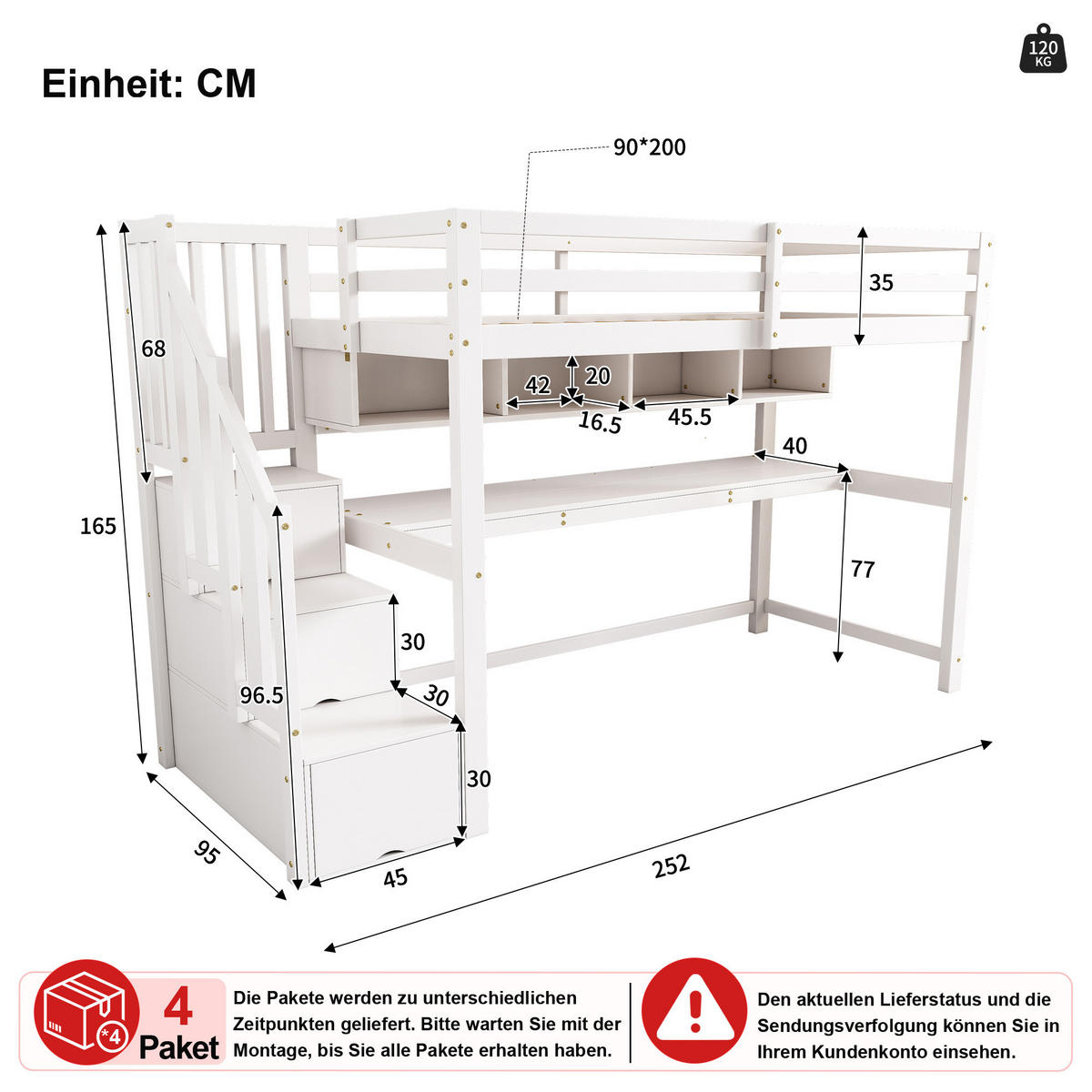 HOCHBETT 90/200 cm in Weiß mit Stauraumtreppe, Schreibtisch und Regal - Weiß, Holz/Holzwerkstoff (90/200cm) - CHICFURN