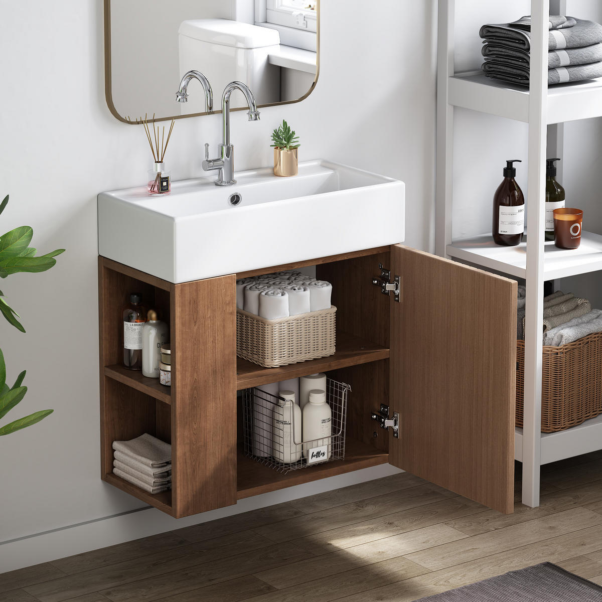 BADMÖBEL Set 55 cm Braun, hängender Waschtischunterschrank mit Waschbecken - Braun, Holz/Keramik (31/66/55cm) - PARAFTA HOME