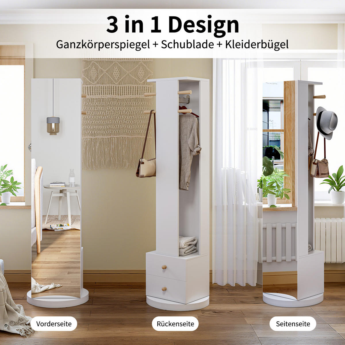 STOJEČE ogledalo z omaro, vrtljivo za 360°, s kavlji in 2 predaloma, belo - bela, steklo (45/160/45cm)