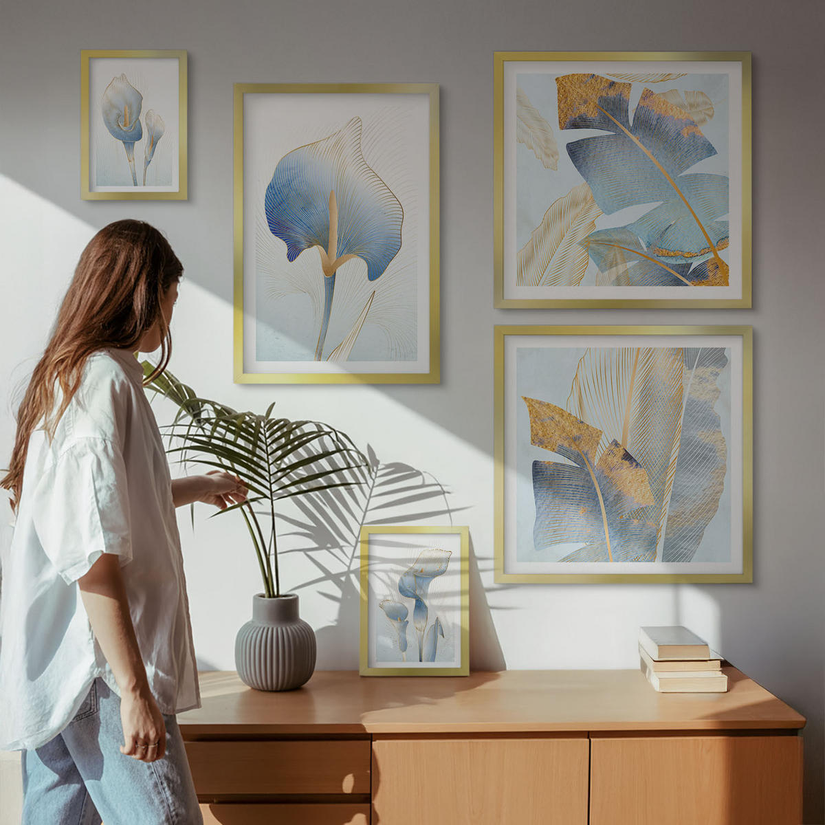 BILDER SET 5er Set - 50x50 cm & 20x30 cm & 40x60 cm Goldrahmen - Blaue Blumen im Hintergrund - Goldfarben, Kunststoff (40/60cm) - TULUP