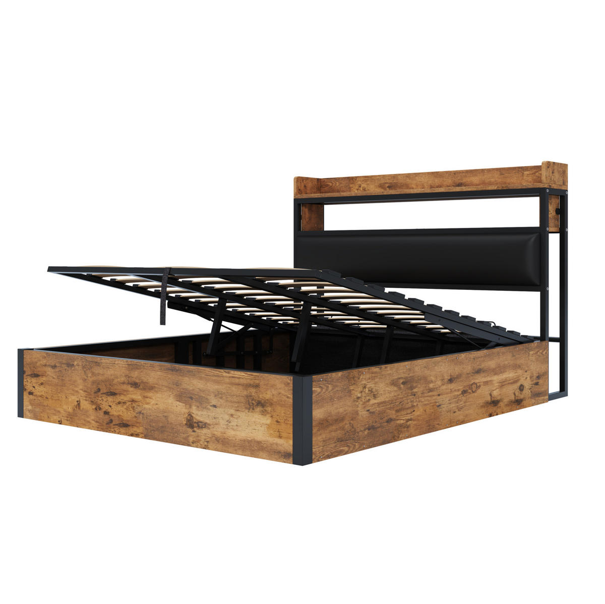 POLSTERBETT aus Metall, Stoff und MDF 180x200 cm Schwarz mit Bettkasten, USB-Anschlüssen und Kopfteilablage - Schwarz, Metall (180/200cm) - IVMEU
