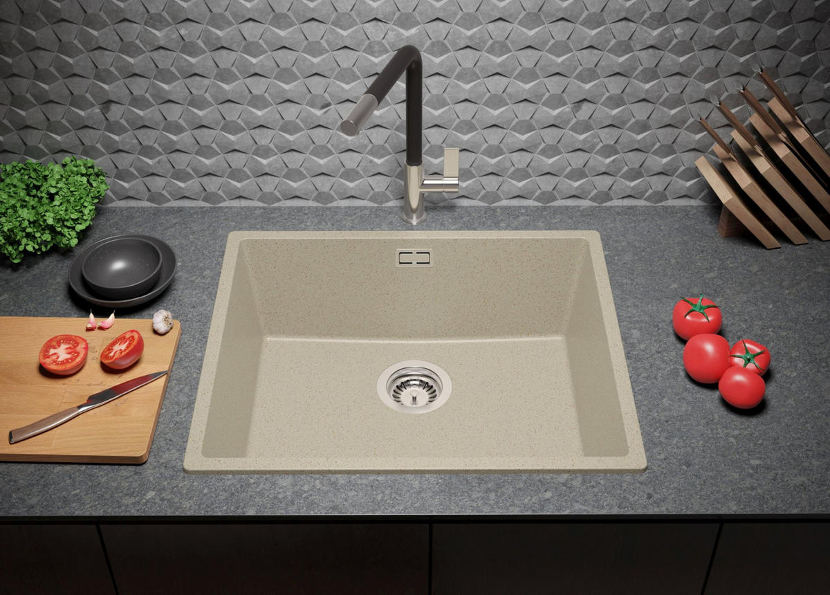 SPÜLBECKEN London Slim, 2-er set Beige 56/47 cm 1 Becken + Ablauf-Set ab 60er Unterschrank - Chromfarben/Beige, Kunststoff (56/20/47cm) - Primagran