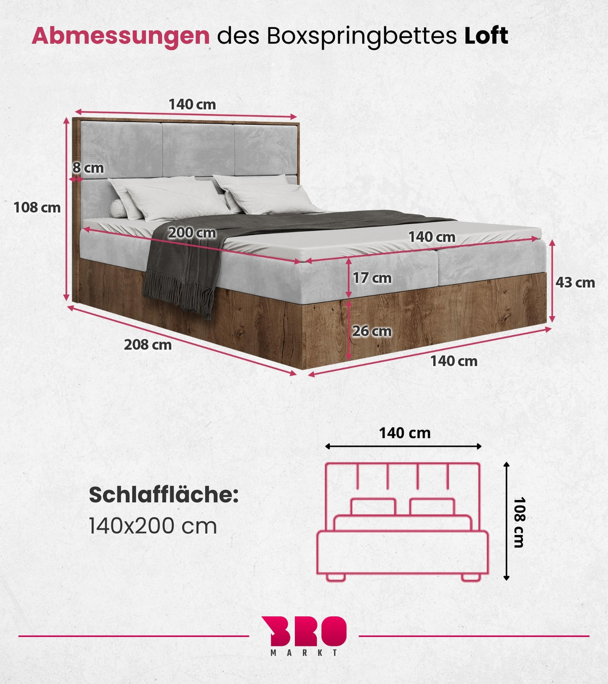 BOXBETT Loft mit Topper 140/200 Grau - Hellgrau, Holzwerkstoff/Textil (140/200cm) - Bromarkt