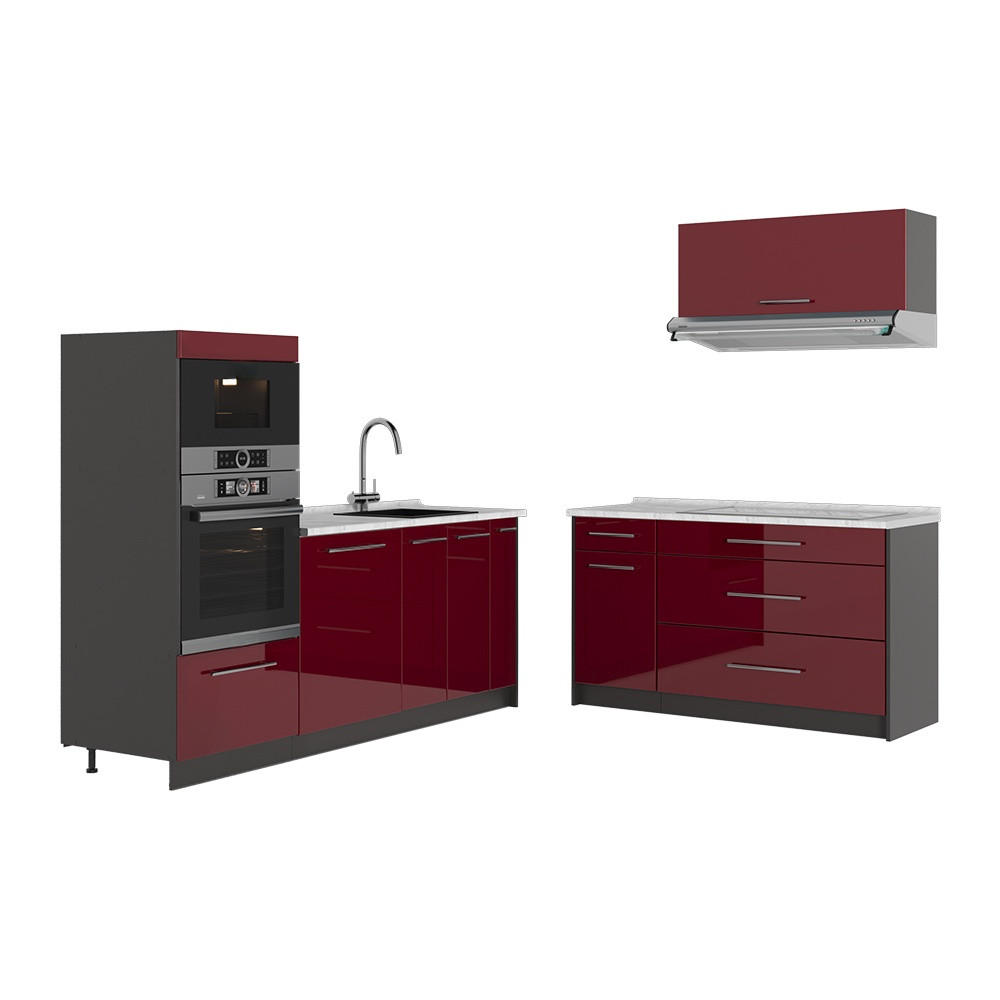 KÜCHENZEILE Fame-Line, Bordeaux Hochglanz/Anthrazit, 340 cm, AP Marmor - Bordeaux/Anthrazit, Holzwerkstoff (340/153.6/60cm) - Vicco