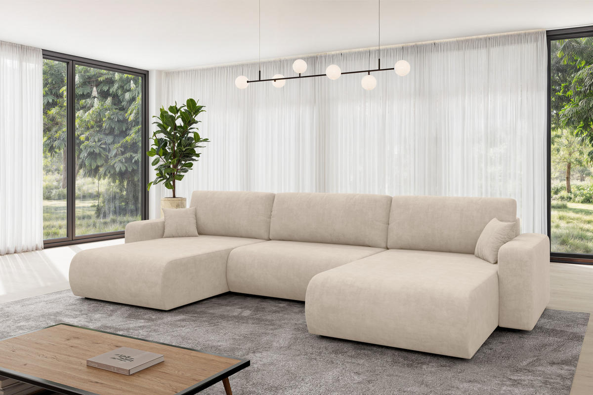 SEDACÍ SOUPRAVA DO U s funkcí spaní a úložným prostorem BERY-U 377x193x88 béžová velur - černá/Sahara, kompozitní dřevo/textil (377/88/193cm) - ALTDECOR