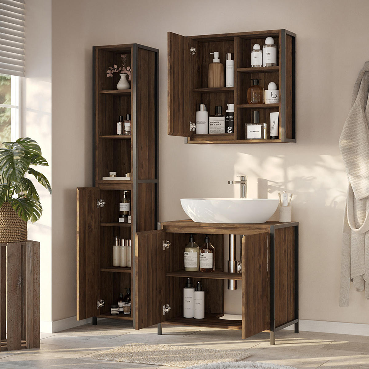 BADMÖBEL-SET Naola Eiche/Schwarz 3 Teile - Eichefarben/Schwarz, Holzwerkstoff (70/65/40cm) - Vicco