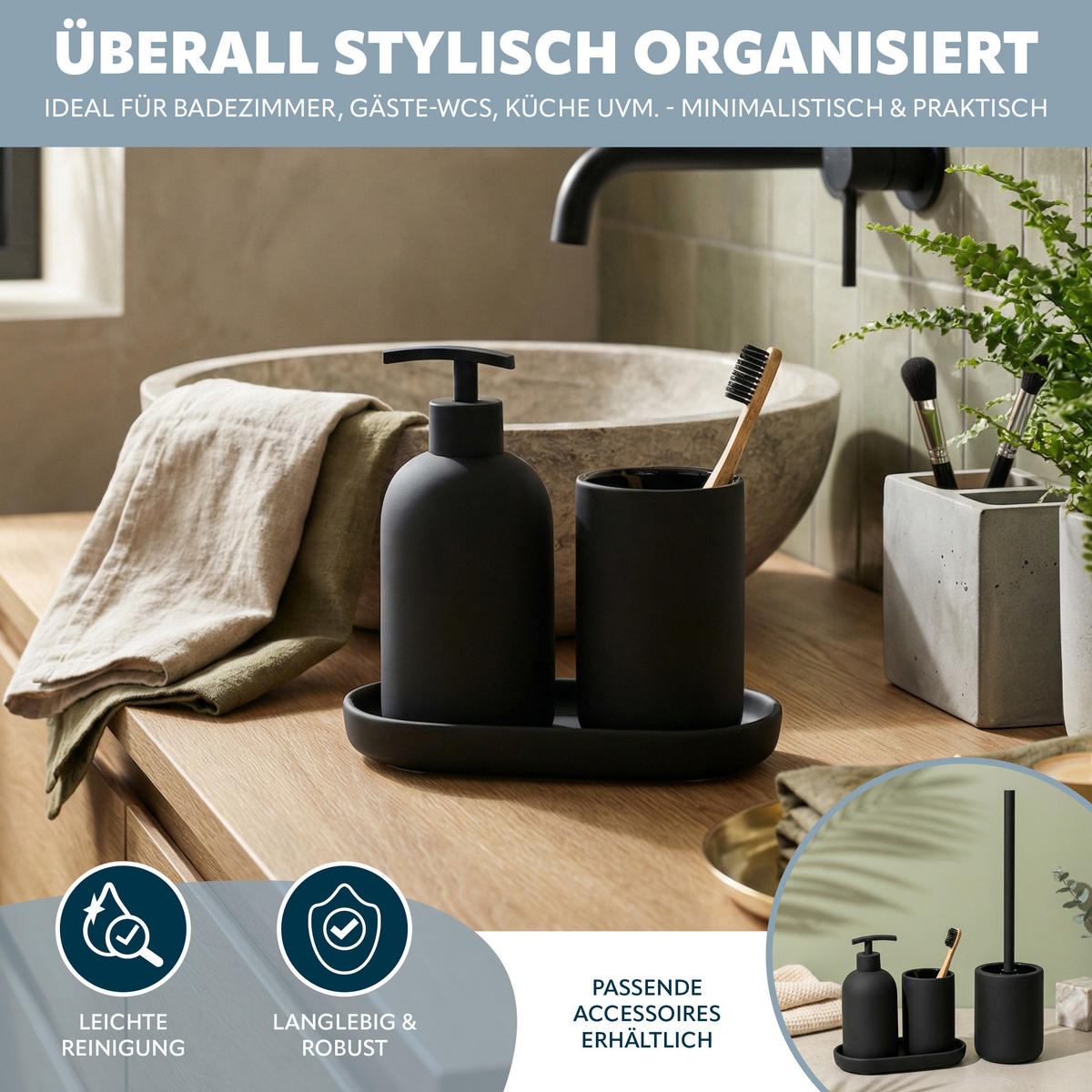 BAD-ACCESSOIRES-SET CERANO, Soft-Touch, schwarz - Schwarz, Keramik (8/18/8cm) - eluno