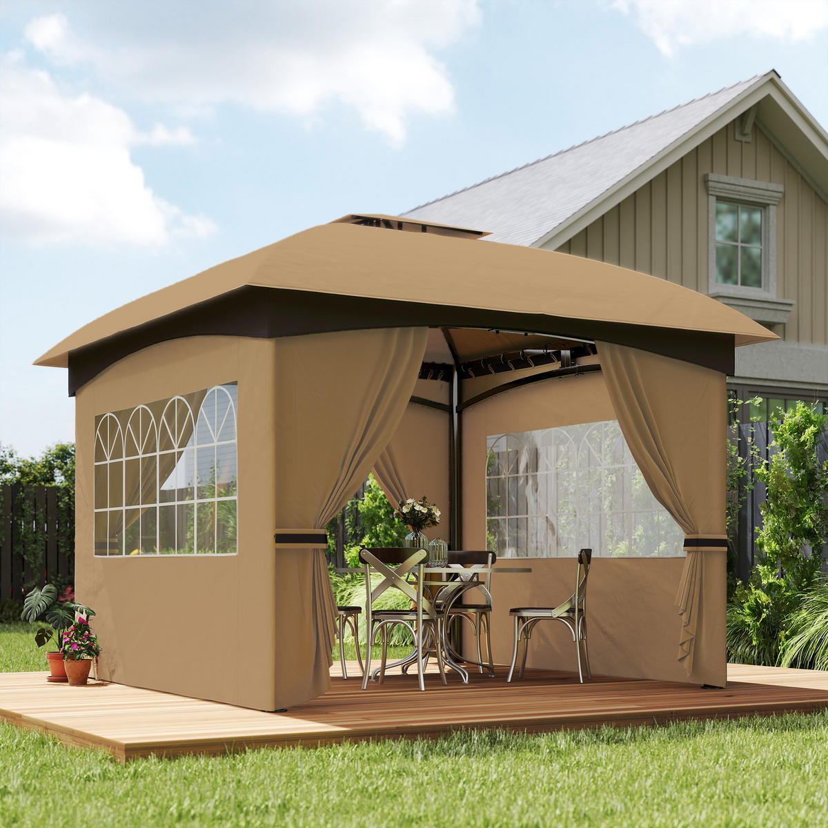 PAVILLON 3,4 x 3,4 m - Beige, Metall (335/285/335cm) - Outsunny