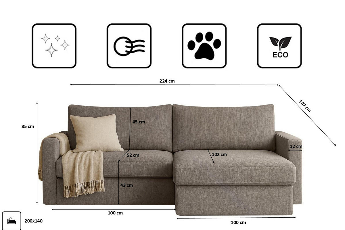 ECKSOFA Mit Schlaffunktion Und Bettzeugablage LUBEKA Stoff Faro Hellbraun Rechts - Hellbraun, Holz (224/147cm) - Kaiser Möbel