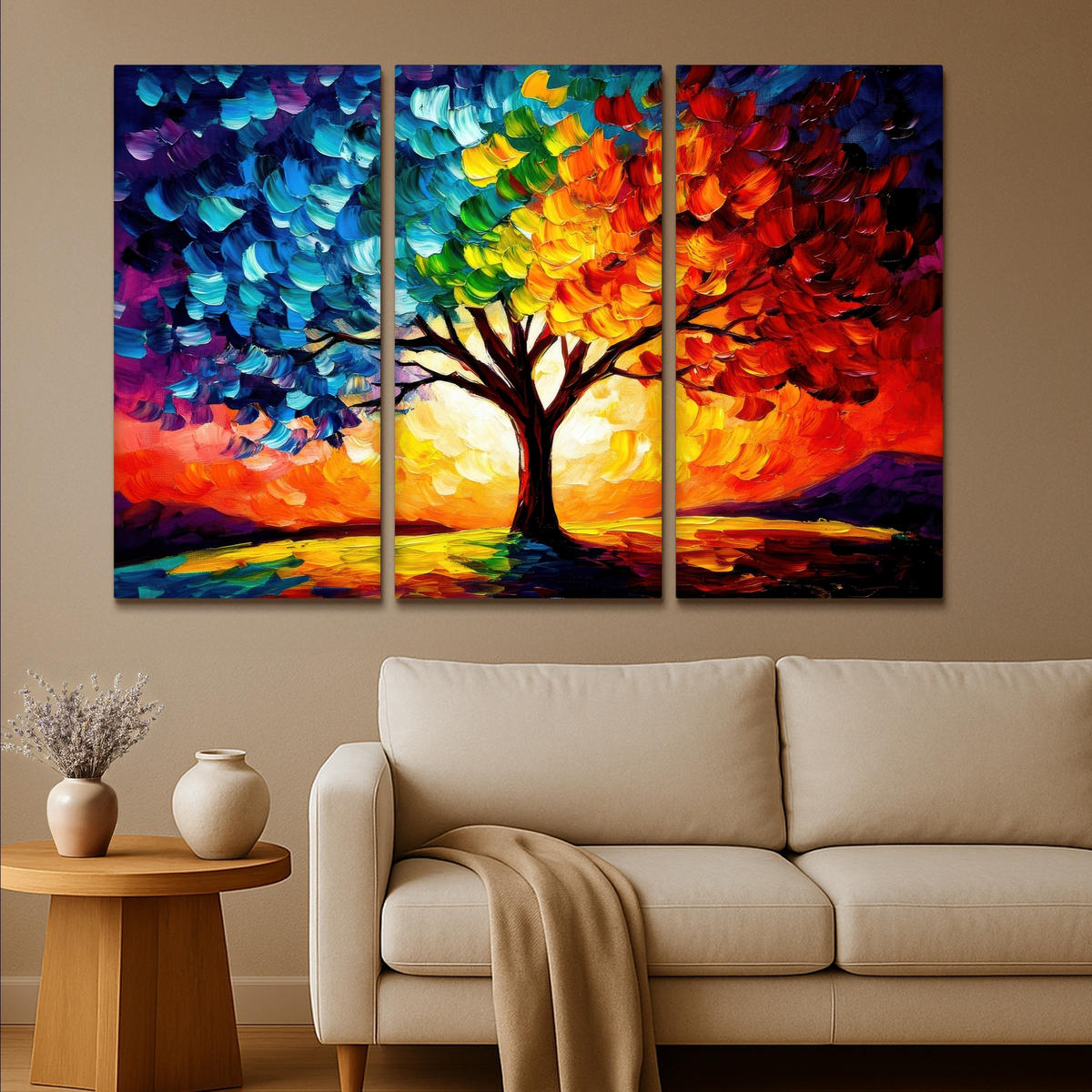 LEINWANDBILD 3er Set Baum - Farbenfroh - Malerei-Look - Abstrakt 150x100 cm - Multicolor, Textil (150/100cm) - MuchoWow