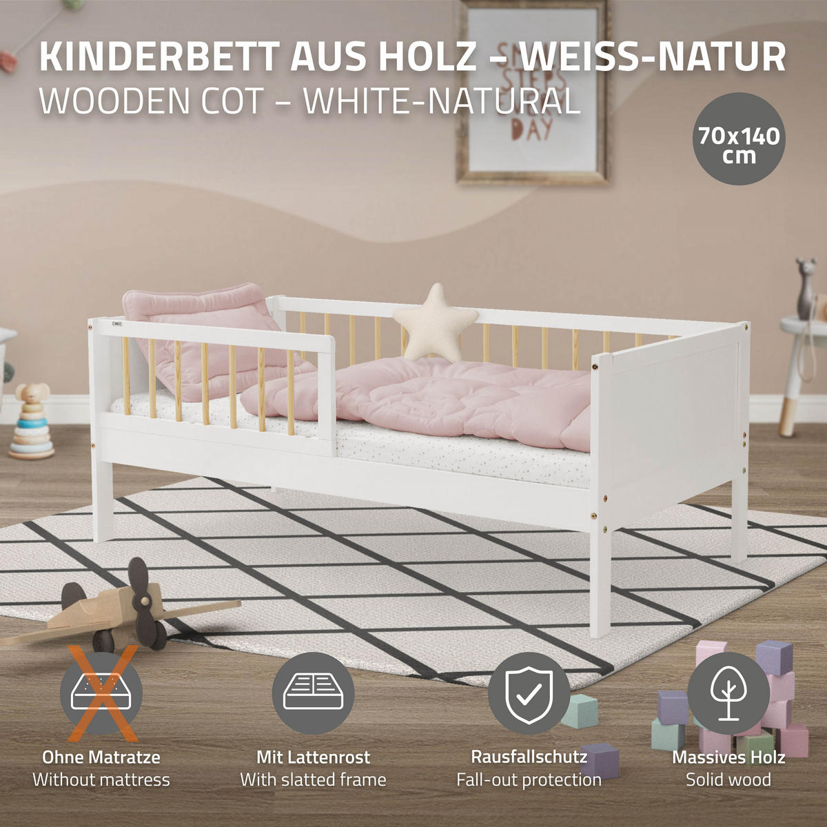 KINDERBETT 70x140 cm Weiß/Natur - Multicolor, Holzwerkstoff - ML-DESIGN