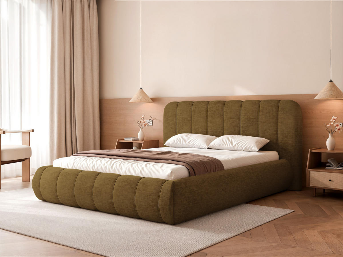 POLSTERBETT Gallo 160x200 cm Olivgrün Chenille – (Doppelbett mit Bettkasten, Lattenrost, voluminöses Kopfteil) - Olivgrün, Holz/Holzwerkstoff (160/200cm) - Ravio
