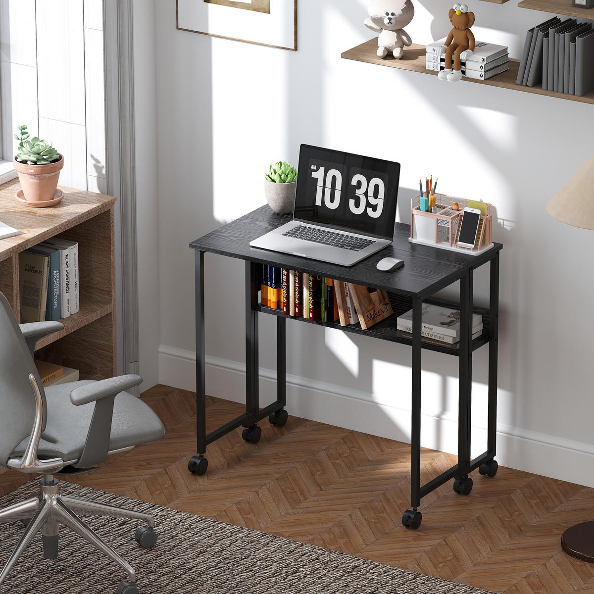 SCHREIBTISCH Schwarz klappbar auf Rollen mit Ablagefach und Seitentasche 80/50/75 cm - Schwarz, Holzwerkstoff (50/80/75cm) - PANGIVO