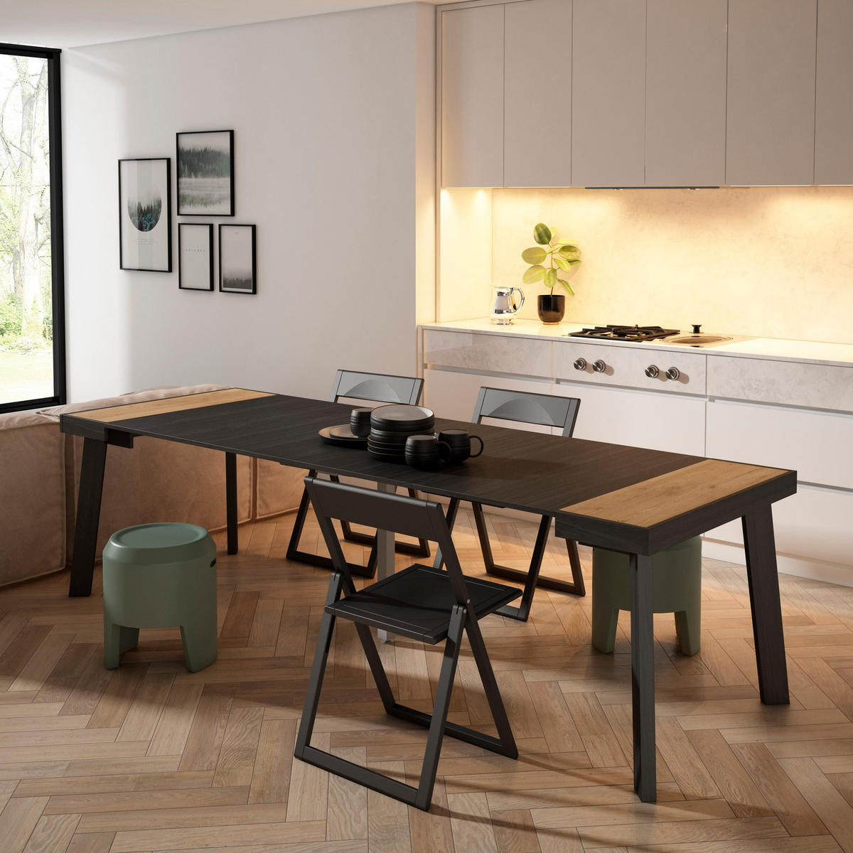 KONSOLENTISCH ausziehbar 58 bis 262cm, für 12 Gäste, eiche, schwarz, 90/58/73cm - Eichefarben/Schwarz, Holzwerkstoff (90/262/73cm) - Skraut Home