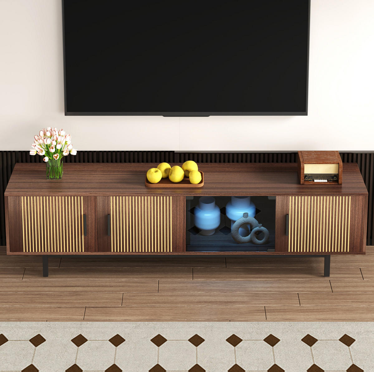 TV-LOWBOARD aus MDF und Holzwerkstoff 200x35x53 cm Schwarz/Walnussbraun mit LED-Lichtleiste und modernem Design - Schwarz, Holzwerkstoff (200/53/35cm) - Modfu