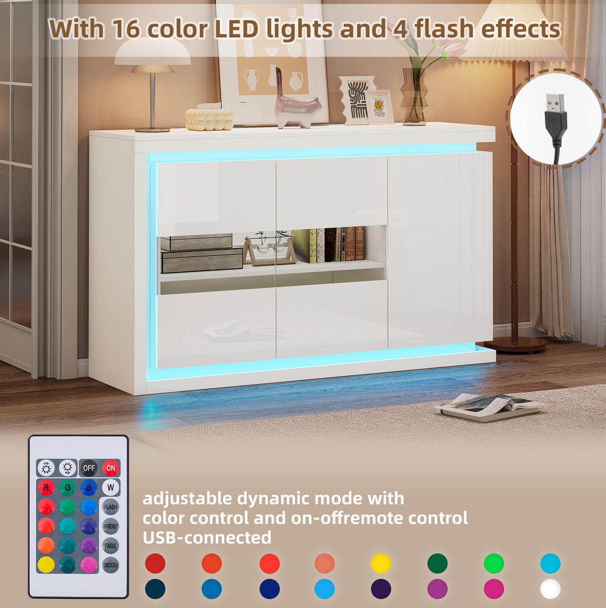 SIDEBOARD 140/40/84 cm Weiß aus Spanplatte mit LED-Lichtleiste - Weiß, Holzwerkstoff (40/84/140cm) - OKMYHOME