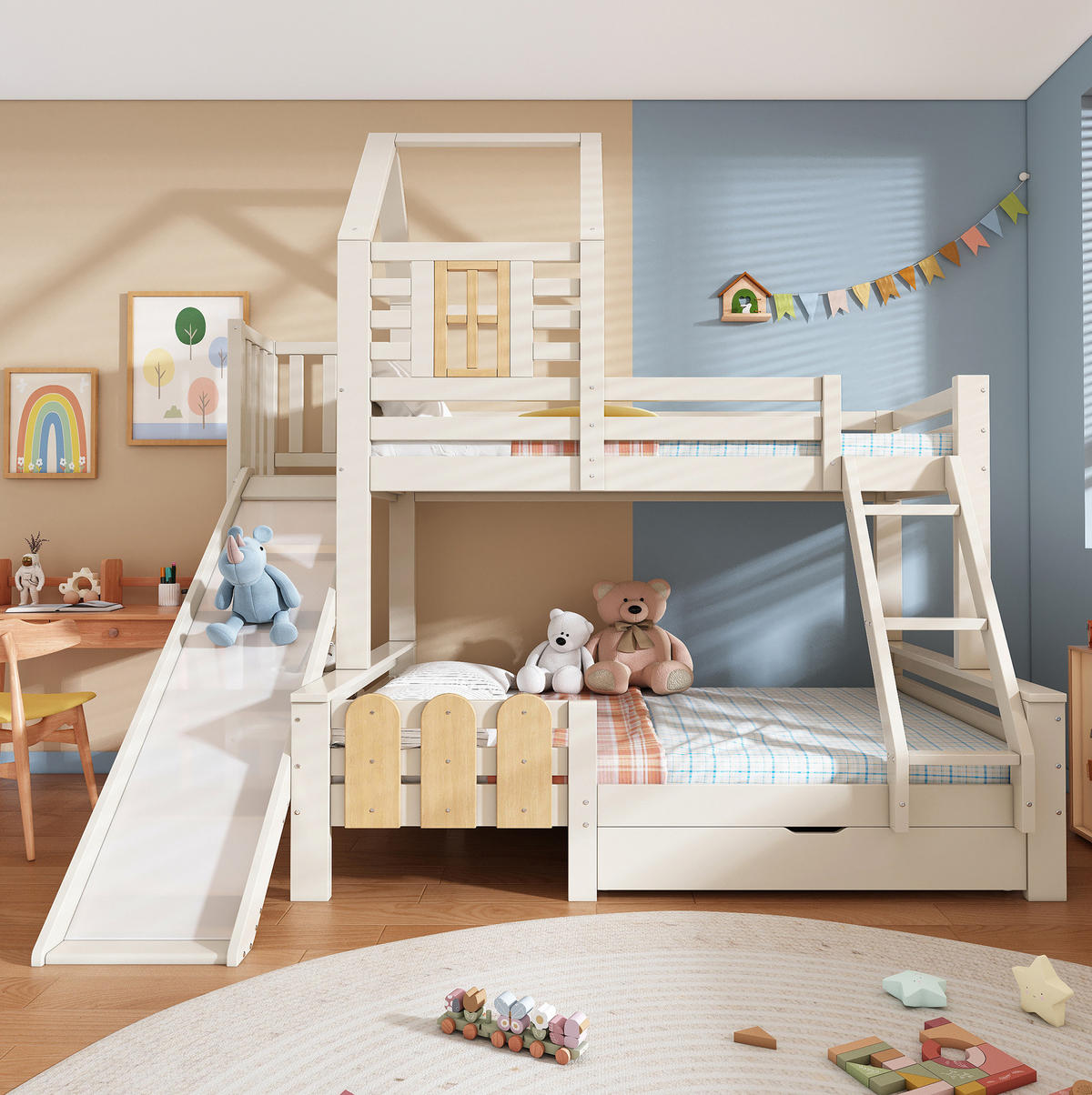 HAUSBETT 90/200 & 140/200 cm mit Rutsche, Schublade und Leiter - Weiß, Metall (90/200cm) - Flora Grace