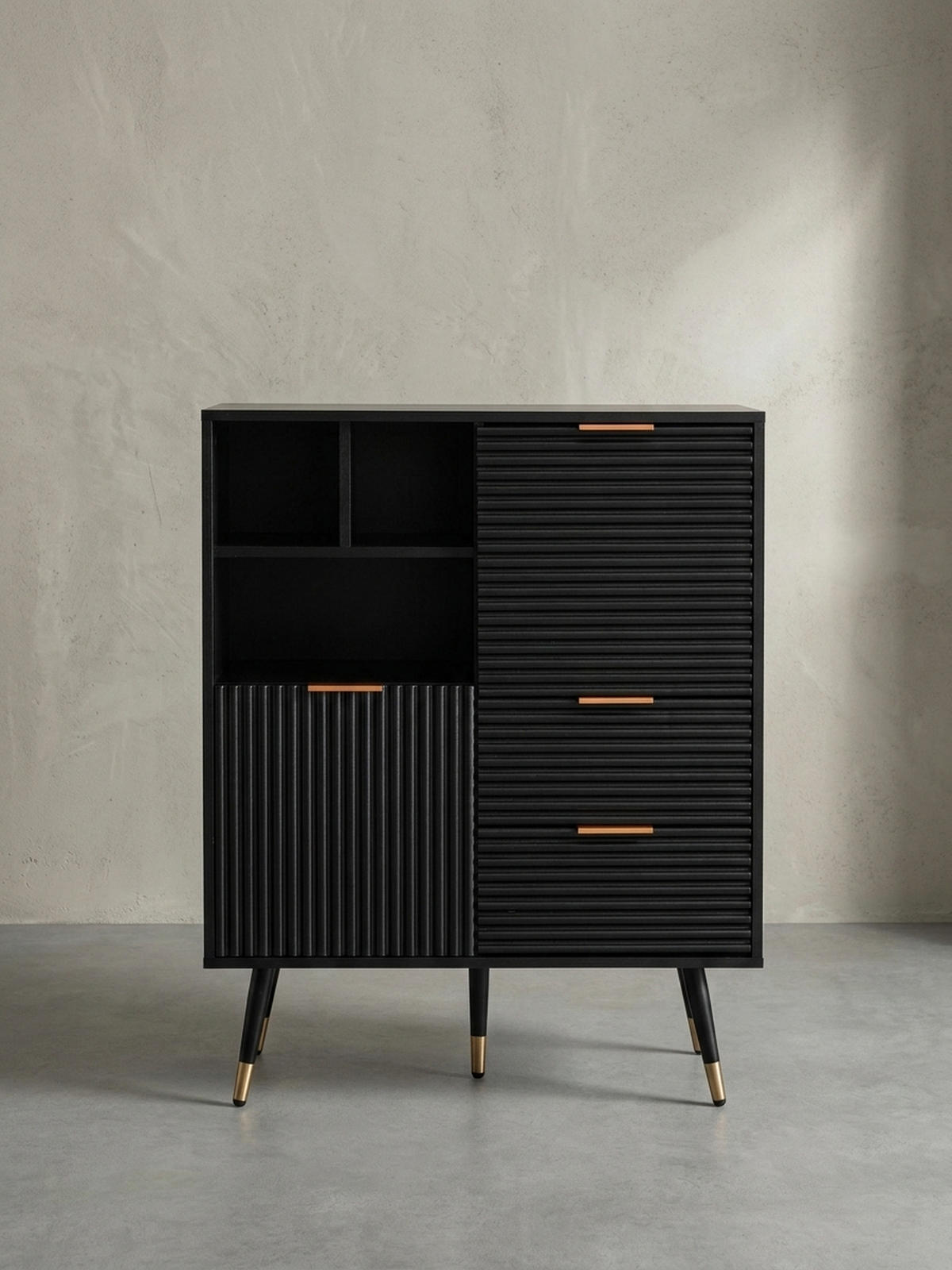 SIDEBOARD – Schwarz/Eiche-Dekor, 77x97x40 cm, mit Türen, Schubladen, Regal, Metallbeine - Goldfarben/Schwarz, Holzwerkstoff/Metall (77/97/40cm) - KADIMA DESIGN