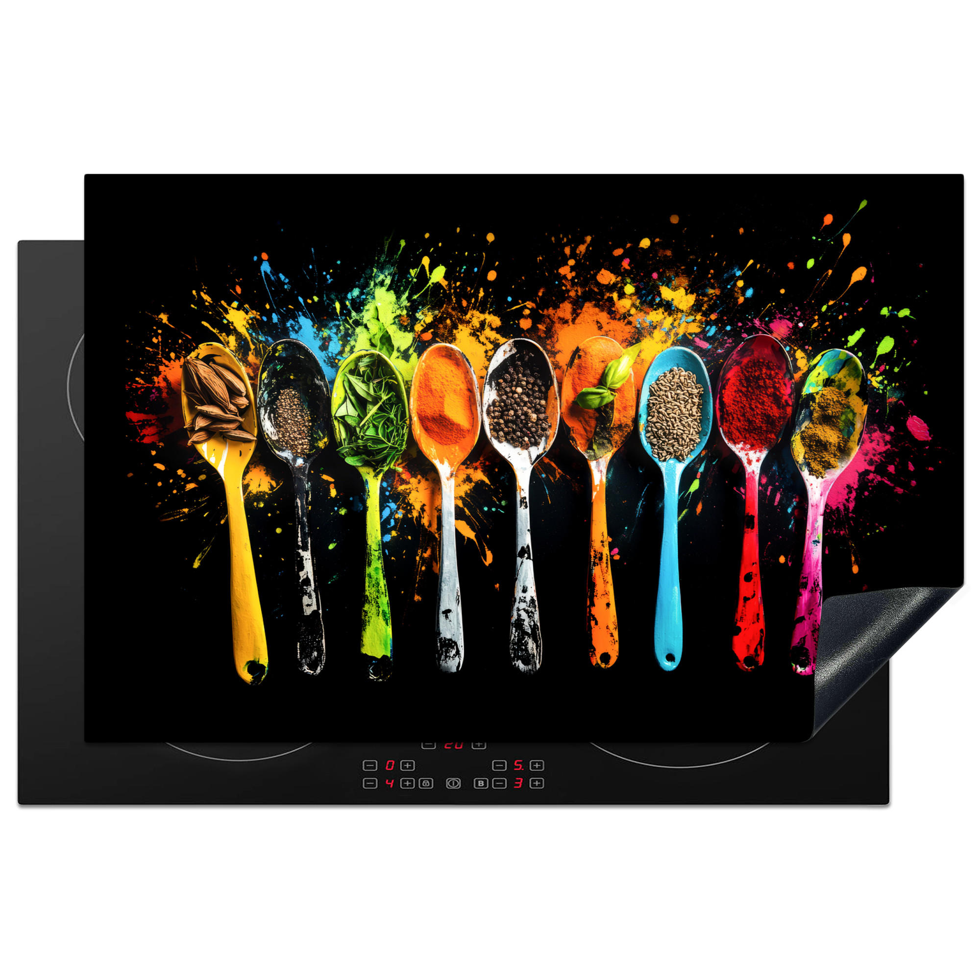 HERDABDECKPLATTE Löffel - Gewürze - Modern - Graffiti - Farbe - Farbenfroh 81x52 cm - Multicolor, Kunststoff (81/0.2/52cm) - MuchoWow