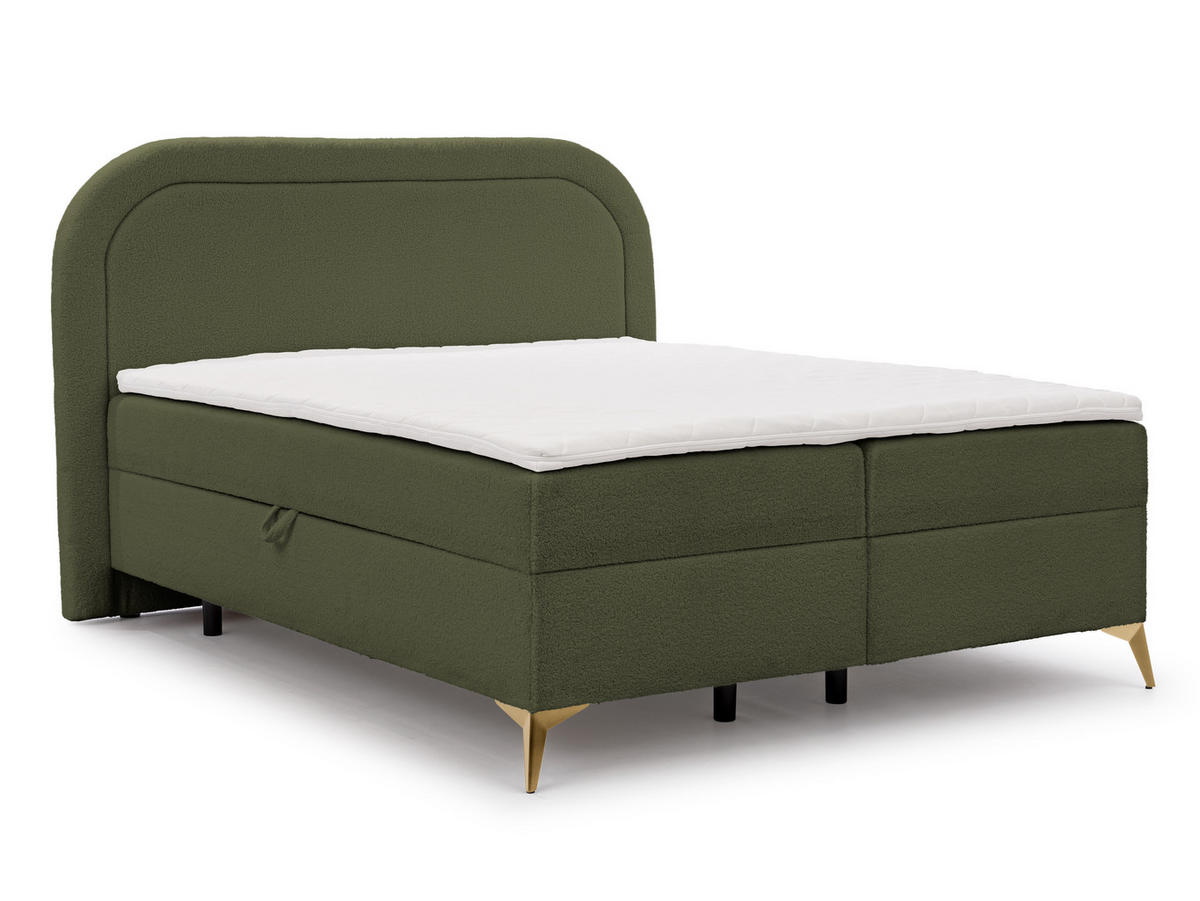 BOXBETT Sonna 200/200 cm Grün Bouclé-Stoff mit abgerundetem Kopfteil und mit goldenen Metallfüßen - Goldfarben/Grün, Holz/Textil (200/200cm) - S-Style Möbel