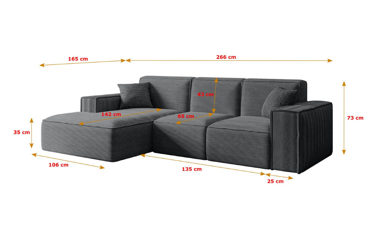 ECKSOFA Ottomane Rechts SERRA-L - 266x165x73 cm Dunkelgrau Cord - Dunkelgrau/Schwarz, Holzwerkstoff/Kunststoff (266/165cm) - ALTDECOR