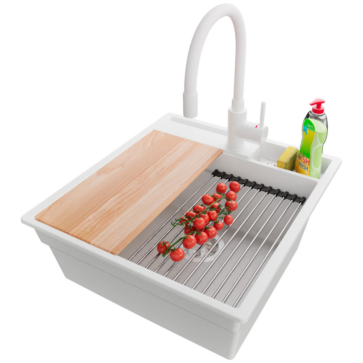 GRANITSPÜLE Oslo Pocket, 2-er set Weiß 48/53 cm 1 Becken + Küchenarmatur 38/14 cm + Ablauf-Set + Küchenzubehörset ab 50er Unterschrank - Chromfarben/Beige, Kunststoff (48/20/53cm) - Primagran