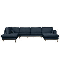 WOHNLANDSCHAFT mit Longchair - Eichefarben/Dunkelblau, Eichenholz/Textil (371/81/219cm) - home24