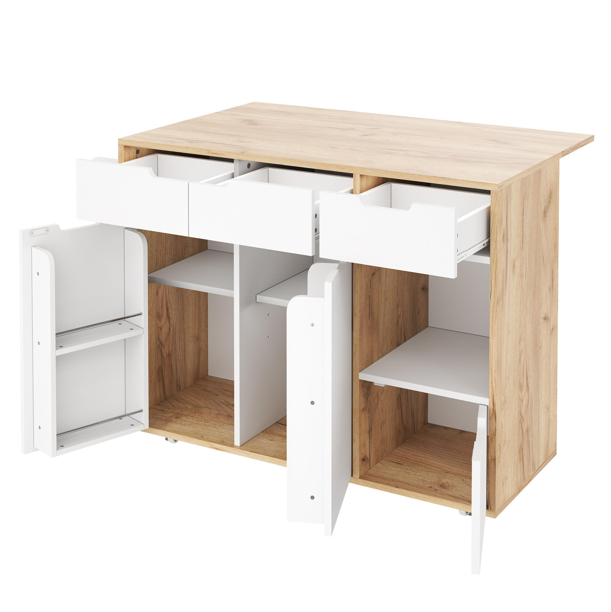 SCHRANK/SIDEBOARD 120x46x85cm Weiß mit 360°Rollen, Schubladen & Fächern - Weiß, Holzwerkstoff (120/85/46cm) - Modfu