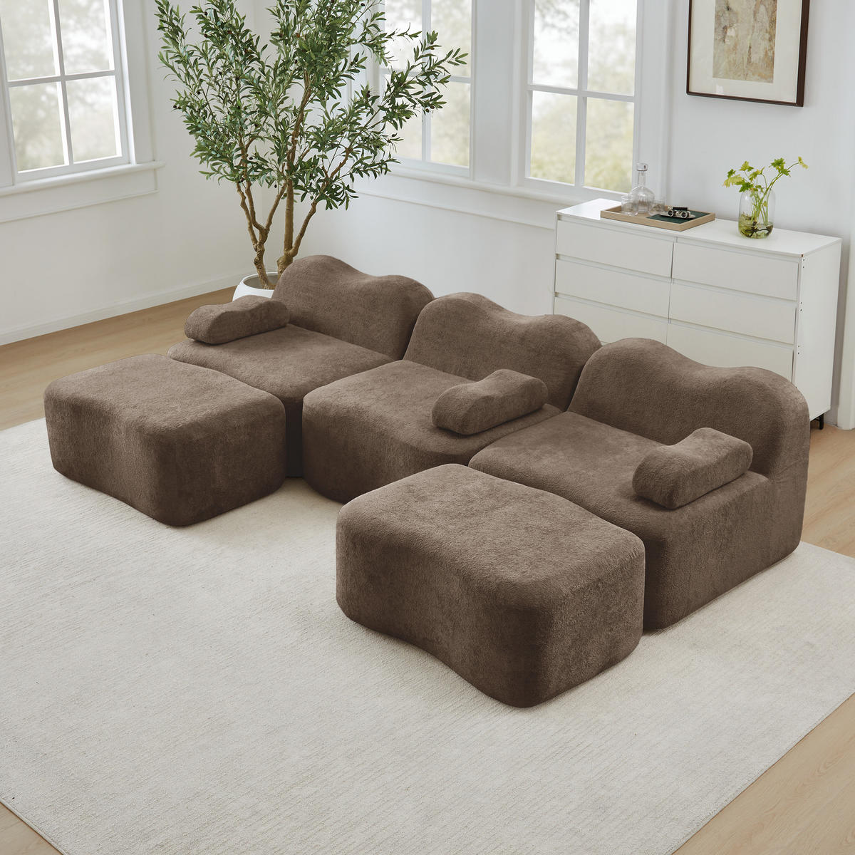 WOHNLANDSCHAFT Samt Braun mit Hocker - Braun, Textil (288/70/167cm) - WISHDOR