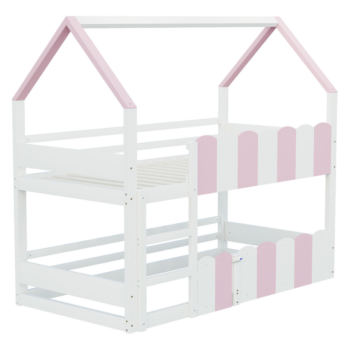 ETAGENBETT aus Holz 90x200 cm Rosa/Weiß mit Hausdesign, Sicherheitsgeländern und Klapptür - Pink, Holz (90/200cm) - Modfu